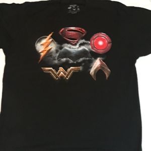 Justice League black T-shirt.